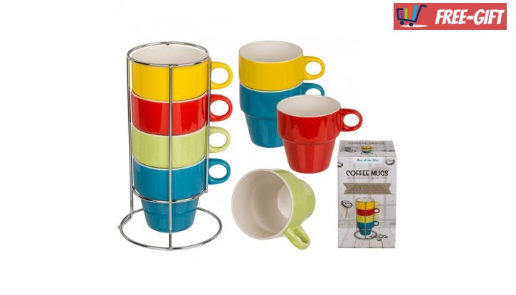 Комплект керамични чаши с метална стойка, 4 цвята снимка #0